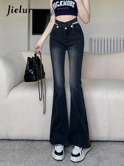 Jielur Vintage Hot Girls Flare Jeans Дамски есенни корейски дънкови панталони Нови ежедневни тънки черни дънки с висока талия за жени Издълбани