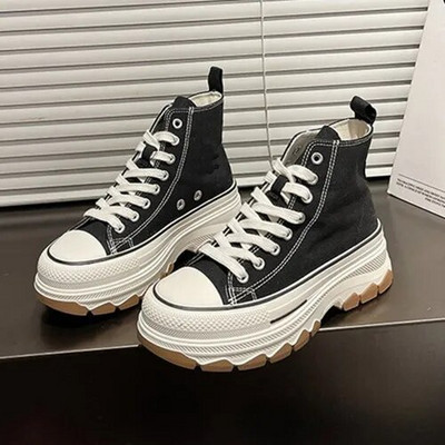 Dámske plátené topánky, vysoké vulkanizované topánky, šnurovacie ležérne tenisky, platforma, zvyšujúce výšku dievčenských topánok, dámske členkové topánky