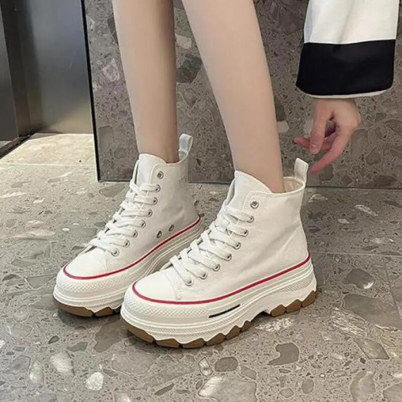 Dámske plátené topánky, vysoké vulkanizované topánky, šnurovacie ležérne tenisky, platforma, zvyšujúce výšku dievčenských topánok, dámske členkové topánky