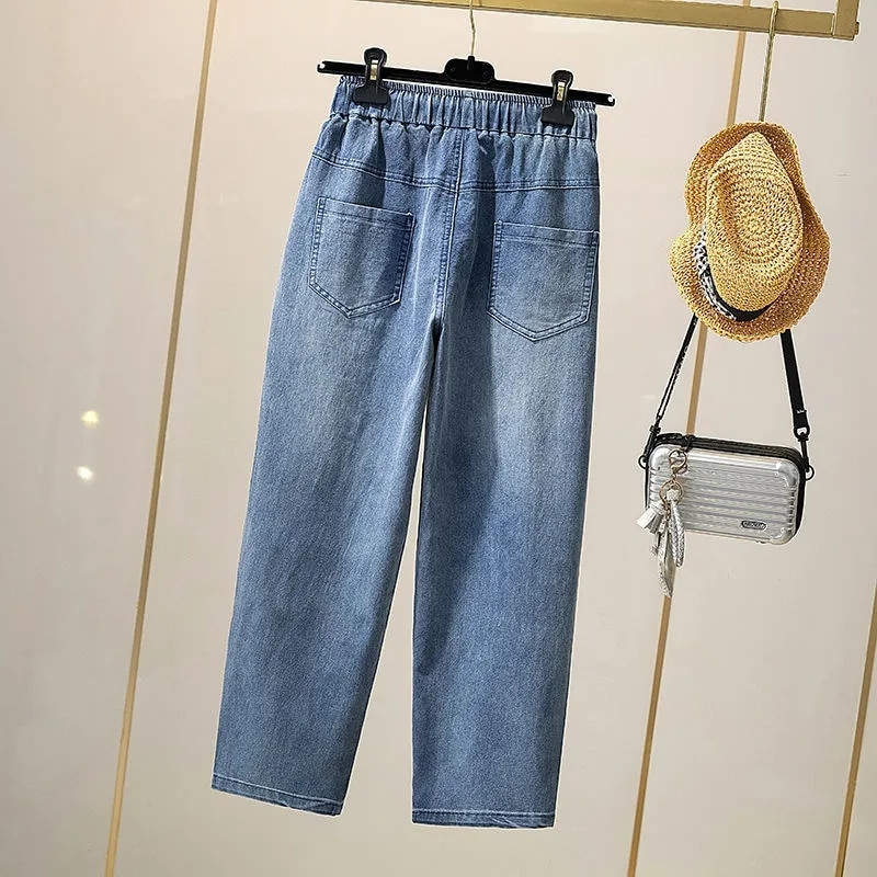 Dámske jarné rovné džínsy s vysokým pásom, dĺžka po členky 89 cm, ležérne, vaqueros, módne vrecovité džínsové nohavice