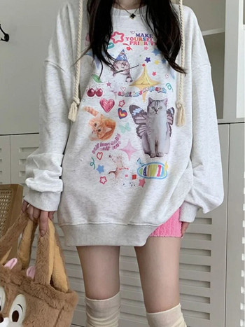 ADAgirl Суичър с качулка с принт на котка Kawaii Дамски суичър с дълъг ръкав Cutecore American Retro E-girl Kitten Angel Graphic Alt Clothes Y2k