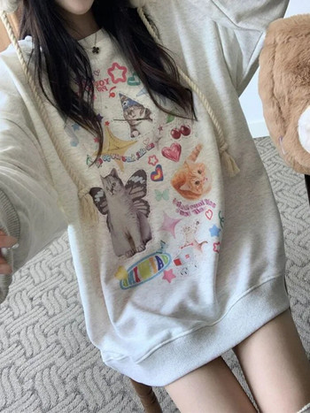 ADAgirl Суичър с качулка с принт на котка Kawaii Дамски суичър с дълъг ръкав Cutecore American Retro E-girl Kitten Angel Graphic Alt Clothes Y2k