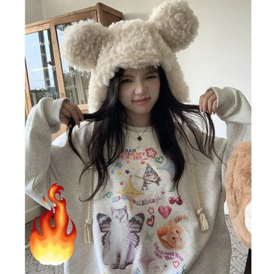 ADAgirl Kawaii Cat Print Hoodie Dámska mikina s dlhým rukávom Cutecore American Retro E-girl Kitten Angel Graphic Alt Clothes Y2k