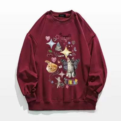 ADAgirl Kawaii Cat Print Hoodie Dámska mikina s dlhým rukávom Cutecore American Retro E-girl Kitten Angel Graphic Alt Clothes Y2k