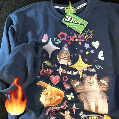 ADAgirl Kawaii Cat Print Hoodie Dámska mikina s dlhým rukávom Cutecore American Retro E-girl Kitten Angel Graphic Alt Clothes Y2k