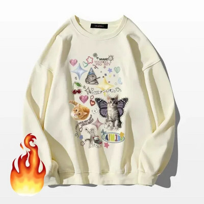 ADAgirl Kawaii Cat Print Hoodie Dámska mikina s dlhým rukávom Cutecore American Retro E-girl Kitten Angel Graphic Alt Clothes Y2k