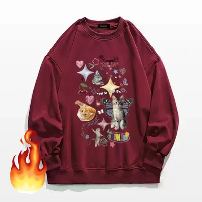 ADAgirl Kawaii Cat Print Hoodie Dámska mikina s dlhým rukávom Cutecore American Retro E-girl Kitten Angel Graphic Alt Clothes Y2k