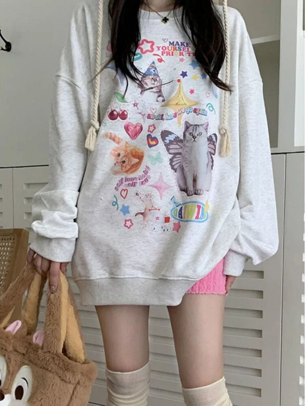 ADAgirl Kawaii Cat Print Hoodie Dámska mikina s dlhým rukávom Cutecore American Retro E-girl Kitten Angel Graphic Alt Clothes Y2k