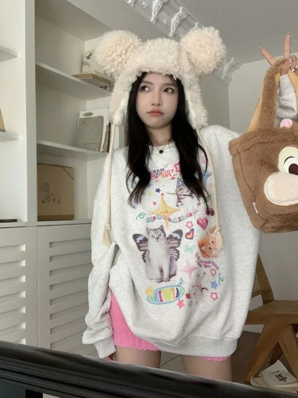 ADAgirl Kawaii Cat Print Hoodie Dámska mikina s dlhým rukávom Cutecore American Retro E-girl Kitten Angel Graphic Alt Clothes Y2k