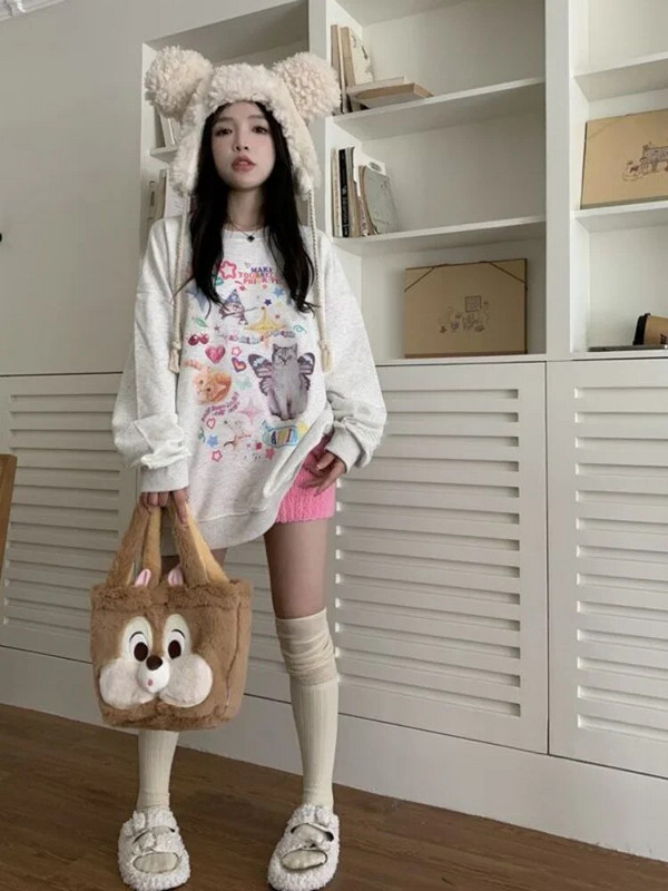 ADAgirl Kawaii Cat Print Hoodie Dámska mikina s dlhým rukávom Cutecore American Retro E-girl Kitten Angel Graphic Alt Clothes Y2k