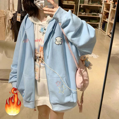 Dámska mikina s kapucňou ADAgirl Kawaii na zips, ružová, Harajuku, Cutecore, nadrozmerné mikiny, kórejské flísové topy s dlhým rukávom pre dievčatá