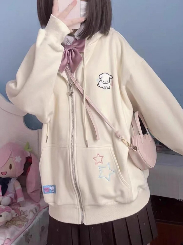 Dámska mikina s kapucňou ADAgirl Kawaii na zips, ružová, Harajuku, Cutecore, nadrozmerné mikiny, kórejské flísové topy s dlhým rukávom pre dievčatá