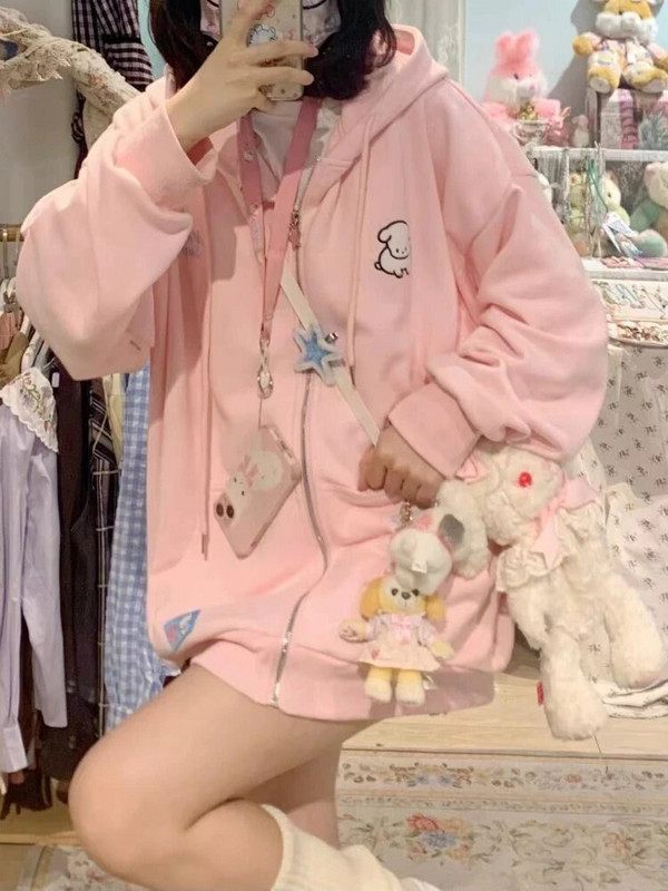 Dámska mikina s kapucňou ADAgirl Kawaii na zips, ružová, Harajuku, Cutecore, nadrozmerné mikiny, kórejské flísové topy s dlhým rukávom pre dievčatá