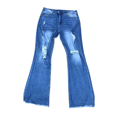 Moda găuri rupte genunchi Blugi evazați femei cu talie înaltă pantaloni din denim cu picioare largi Pantaloni elastici pentru navetă zilnică în stil britanic