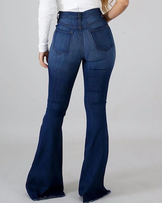 Moda găuri rupte genunchi Blugi evazați femei cu talie înaltă pantaloni din denim cu picioare largi Pantaloni elastici pentru navetă zilnică în stil britanic