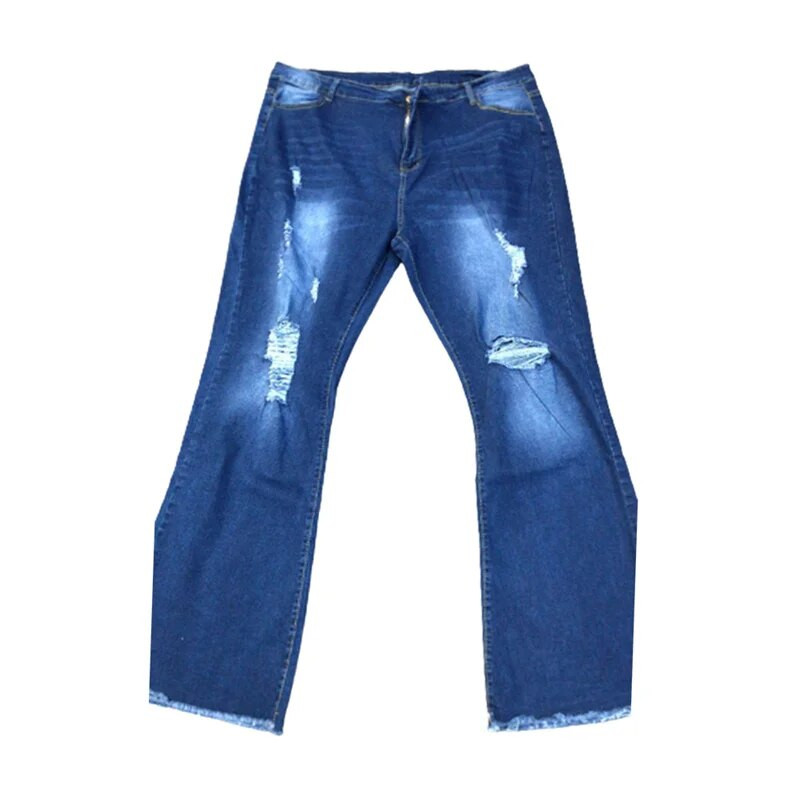 Moda găuri rupte genunchi Blugi evazați femei cu talie înaltă pantaloni din denim cu picioare largi Pantaloni elastici pentru navetă zilnică în stil britanic