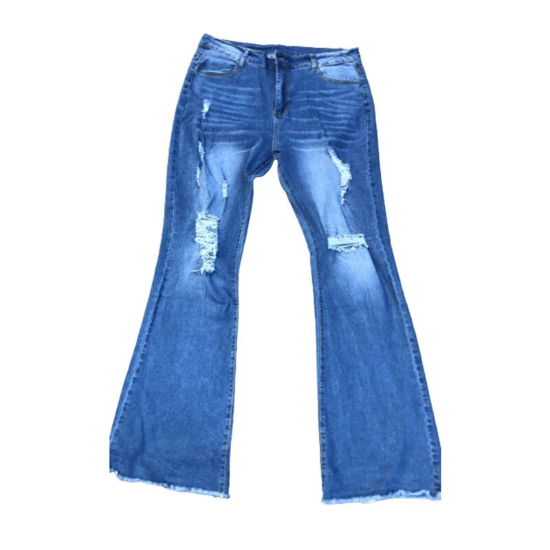 Moda găuri rupte genunchi Blugi evazați femei cu talie înaltă pantaloni din denim cu picioare largi Pantaloni elastici pentru navetă zilnică în stil britanic