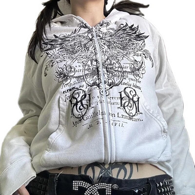 E-girl Gothic Harajuku Mall Goth Hoodies 2000s Y2K Cyber Grunge Emo Zip Up Sweatshirts Vintage Graphics Print Палто Streetwear