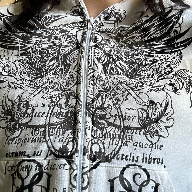 E-girl Gothic Harajuku Mall Goth Hanorace anii 2000 Y2K Cyber Grunge Emo Hanorace cu fermoar Vintage Grafică Imprimă haină Streetwear