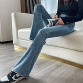 Dámske úzke rozšírené nohavice, módne džínsy s raw edge, slim retro modré, kórejské trendy s vysokým pásom, elastické prané džínsové nohavice, butik