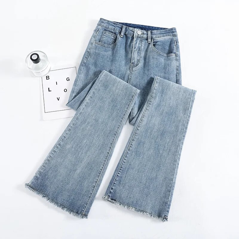 Dámske úzke rozšírené nohavice, módne džínsy s raw edge, slim retro modré, kórejské trendy s vysokým pásom, elastické prané džínsové nohavice, butik