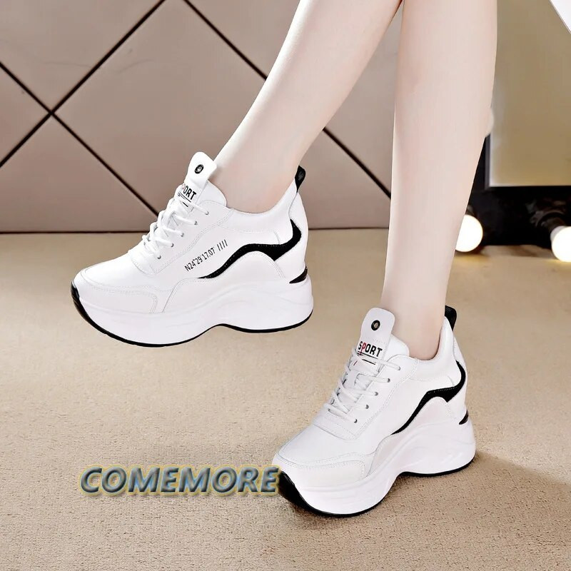 Dámske kožené tenisky na platforme, jarné biele topánky, vysoké podpätky, klinové topánky, priedušné, ležérne, s okrúhlou špičkou, nové