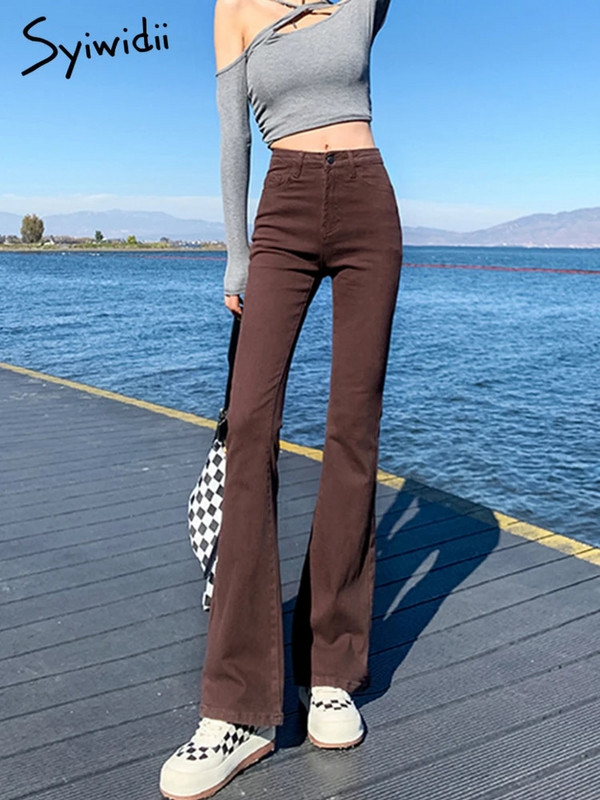 Syiwidii Super elastické džínsy pre ženy s vysokým pásom, zvonové džínsy, vintage streetwear, móda Y2k, zvonové nohavice, džínsy pre ženy