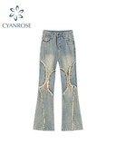 Dámske vintage šnurovacie modré rozšírené džínsy, vrecovité džínsové nohavice z roku 2000 s vysokým pásom, voľné kórejské Y2k streetwear, široké nohavice