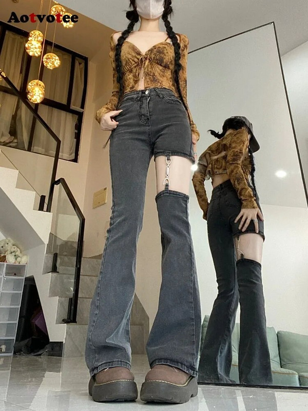 Aotvotee Jednofarebné džínsy pre ženy 2023 Nové módne ležérne vysoké pásové rovné džínsy nohavice Vintage Streetwear Slim Chic zvonové džínsy