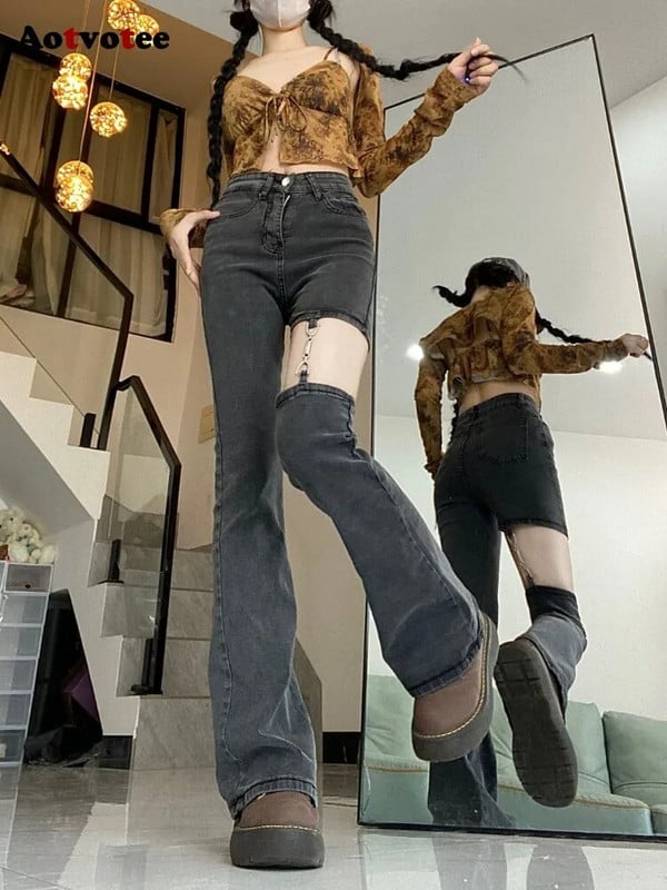 Aotvotee Jednofarebné džínsy pre ženy 2023 Nové módne ležérne vysoké pásové rovné džínsy nohavice Vintage Streetwear Slim Chic zvonové džínsy