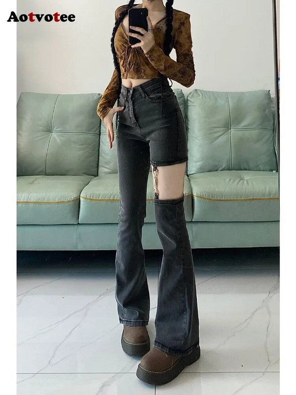 Aotvotee Jednofarebné džínsy pre ženy 2023 Nové módne ležérne vysoké pásové rovné džínsy nohavice Vintage Streetwear Slim Chic zvonové džínsy