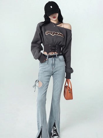 2023 Нов есенен дамски суичър Harajuku Crop Tops Y2k Пуловер E-girl Качулки с отворени рамене Дрехи Streetwear Клубно облекло Мода
