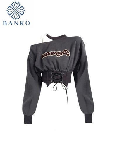 2023 Нов есенен дамски суичър Harajuku Crop Tops Y2k Пуловер E-girl Качулки с отворени рамене Дрехи Streetwear Клубно облекло Мода