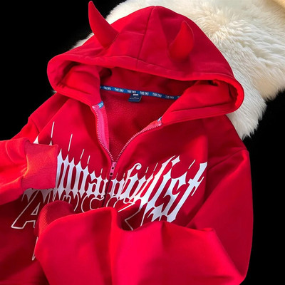 Y2K Kawaii Devil Horn Tail Hip Hop ženklelio spausdinti gobtuvai Cardigan Couples Gatvės laisvas laisvalaikio megztinis su užtrauktuku Harajuku drabužiai