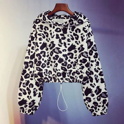 2023 Spring and Autumn Fashion Trend Leopard Print Loose Relaxed Slim Drawstring Waist Shorted Hooded Lace Up Women`s Sweater