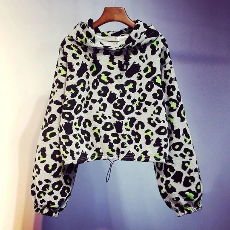 Jarný a jesenný módny trend 2023, leopardí vzor, voľný, tenký, so sťahovacou šnúrkou v páse, s kapucňou a šnurovaním