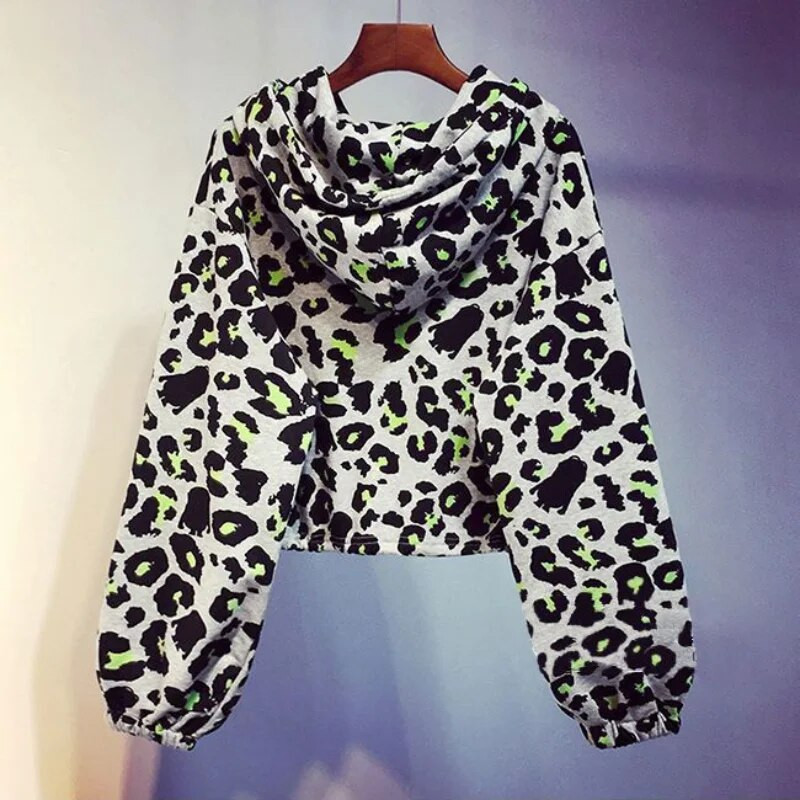 Jarný a jesenný módny trend 2023, leopardí vzor, voľný, tenký, so sťahovacou šnúrkou v páse, s kapucňou a šnurovaním
