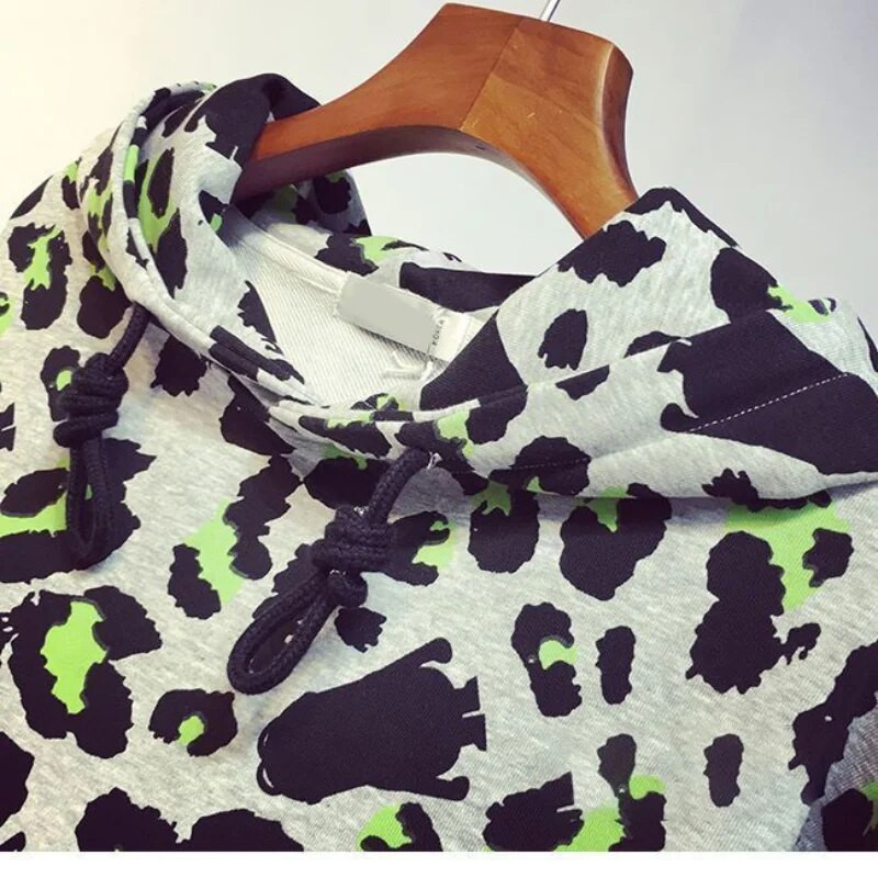 Jarný a jesenný módny trend 2023, leopardí vzor, voľný, tenký, so sťahovacou šnúrkou v páse, s kapucňou a šnurovaním