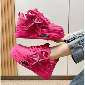 Δερμάτινα φθινοπωρινά ροζ πάνινα παπούτσια με χοντρή σόλα Γυναικεία παπούτσια 2023 Slip On Lace-up Fashion Casual outdoors walking shoes