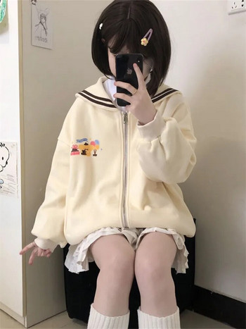 QWEEK Harajuku Kawaii Zip Up Hoodie Γυναικεία Sailor Collar Ιαπωνικού στυλ Χαριτωμένα φούτερ Oversize Lolita Girly Anime Jacket