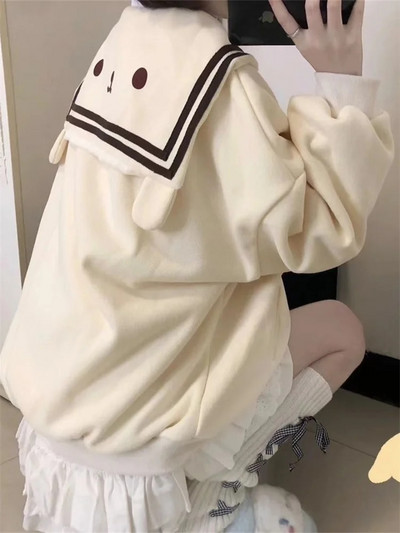 QWEEK Harajuku Kawaii tõmblukuga kapuuts, naiste meremehe krae Jaapani stiilis armsad kampsunid, ülisuured Lolita Girly animeprindiga jakk