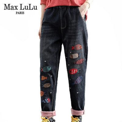 Max LuLu Európska móda Zimné streetwear Dámske voľné ležérne džínsy Dámske vintage potlačené háremové nohavice Nadrozmerné nohavice