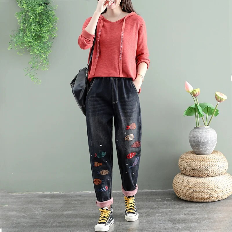 Max LuLu Európska móda Zimné streetwear Dámske voľné ležérne džínsy Dámske vintage potlačené háremové nohavice Nadrozmerné nohavice