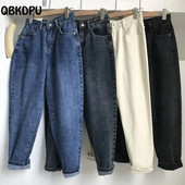 Blugi casual de jogger pentru femei cu talie înaltă Harem Vaqueros, stil prietenos, până la glezne, pantaloni din denim, de culoare uni, pantaloni largi
