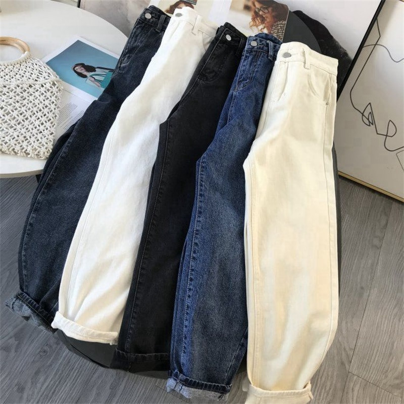 Blugi casual de jogger pentru femei cu talie înaltă Harem Vaqueros, stil prietenos, până la glezne, pantaloni din denim, de culoare uni, pantaloni largi