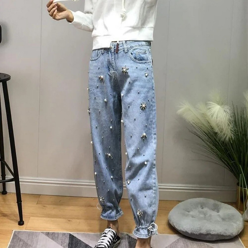Dámske džínsy s vysokým pásom a vyšívanou šnúrkou, modré džínsy so sťahovacou šnúrkou, džínsy pre mamičky