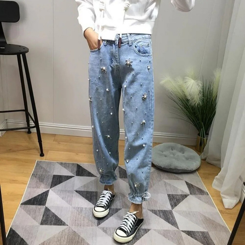 Dámske džínsy s vysokým pásom a vyšívanou šnúrkou, modré džínsy so sťahovacou šnúrkou, džínsy pre mamičky