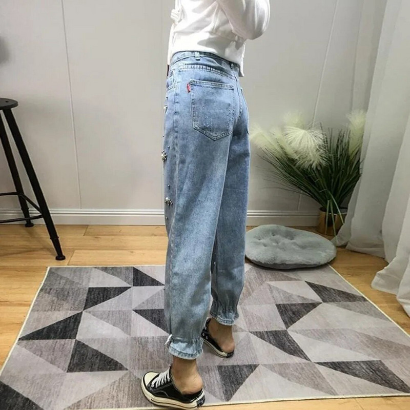 Dámske džínsy s vysokým pásom a vyšívanou šnúrkou, modré džínsy so sťahovacou šnúrkou, džínsy pre mamičky