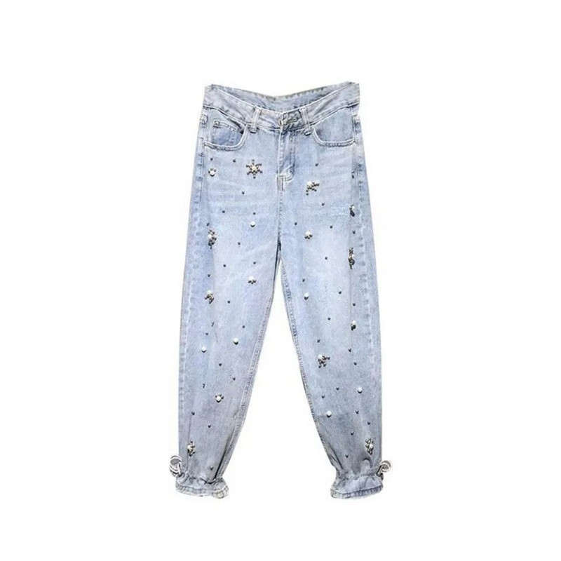 Dámske džínsy s vysokým pásom a vyšívanou šnúrkou, modré džínsy so sťahovacou šnúrkou, džínsy pre mamičky