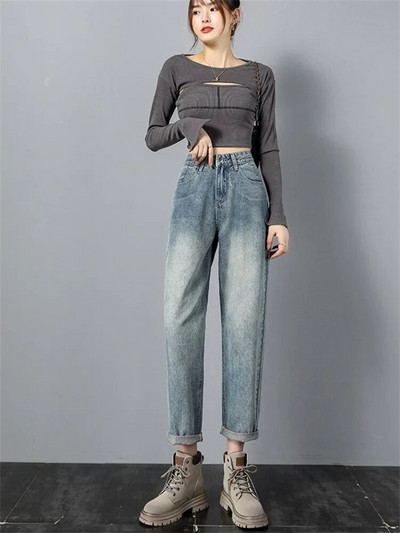 Dámske džínsy s elastickým pásom, širokými nohavicami, bavlneným denimom, oblečením, streetwearom, vintage módou, Harajuku rovnými nohavicami, dámskym oblečením